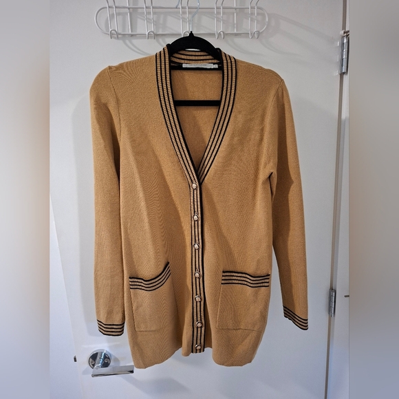Simons Sweaters - Contemporaine (for Simon's) Women's Camel & Black Long-line Cardigan (Size S)